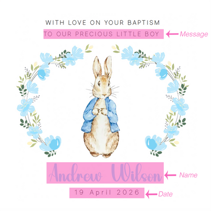 Personalised Christening Card for Boy – Custom Baptism Card with Message, Name & Date -  Blue Bunny Floral Wreath Design – Baptism Card for Boys, Son, Grandson, Nephew with Blue Envelope