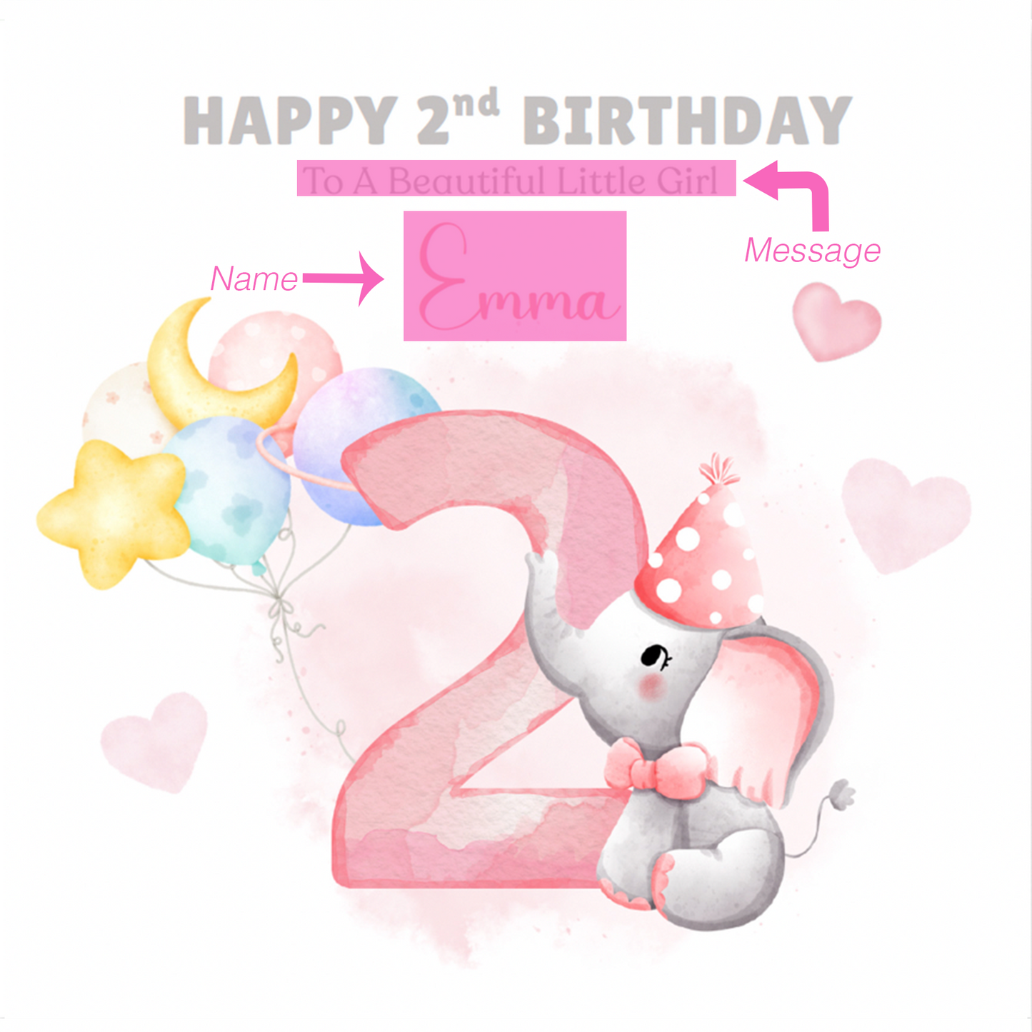 Personalised Two Years Old 2nd Birthday Card for Toddler Girl – Elephant Design with Custom Name and Message - Two-Year-Old Birthday Card for Daughter, Granddaughter, Niece – Pink Envelope Included