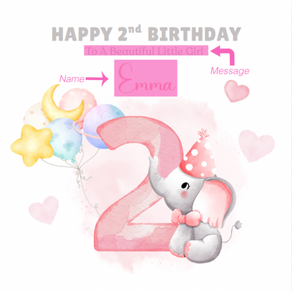 Personalised Two Years Old 2nd Birthday Card for Toddler Girl – Elephant Design with Custom Name and Message - Two-Year-Old Birthday Card for Daughter, Granddaughter, Niece – Pink Envelope Included