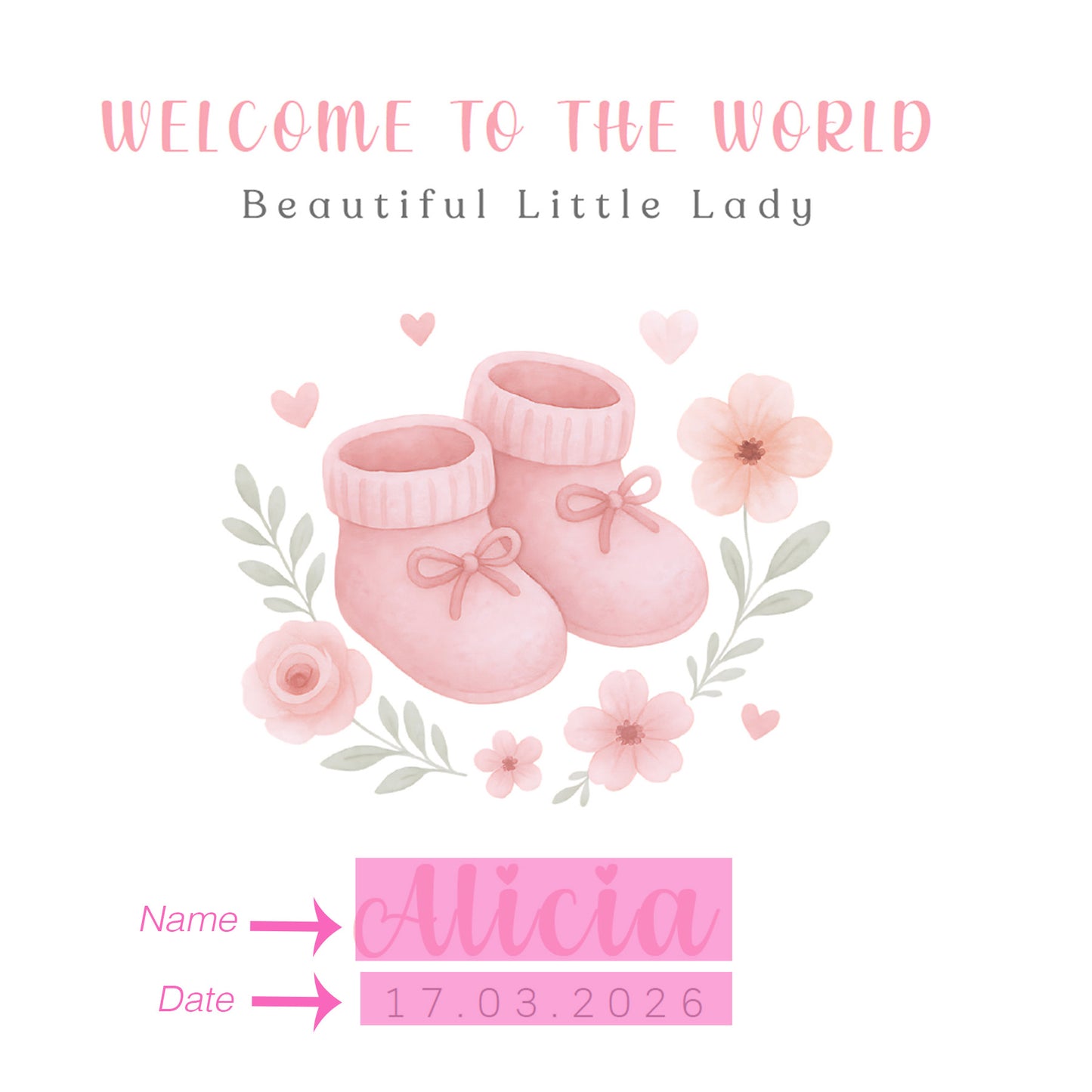 Personalised New Baby Girl Card Congratulations for Newborn Daughter, Granddaughter, Niece - Welcome To The World Card with Pink Baby Shoes Design - Custom Name & Date with Pink Envelope