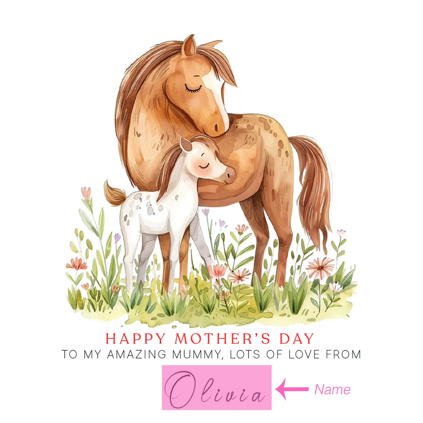 Personalised Happy Mother's Day Card with Custom Name for Mummy, Mama, Mother to be, Step-Mum, Grandma from Children, Son & Daughter – Beautiful Horse Mum & Kid - Pink Envelope Included
