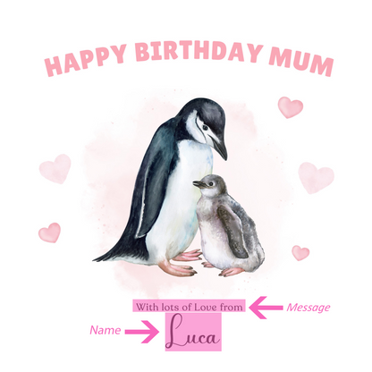 Personalised Mum Birthday Card – Cute Penguin Mother & Baby Watercolour Design – Custom Name & Message – Handmade Birthday Card for Mum, Mummy, Mam – Pink Envelope Included