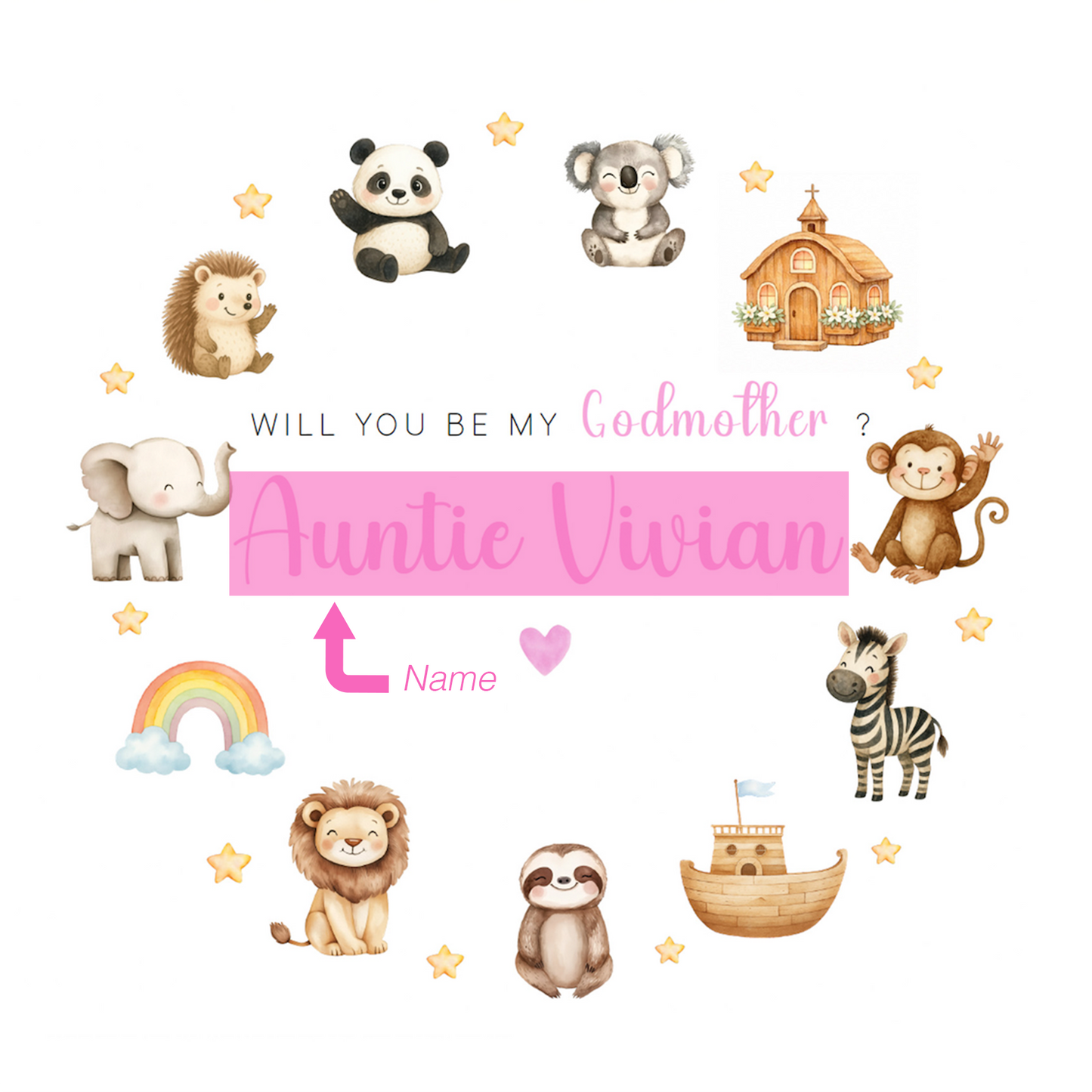Personalised Godmother Proposal Card -  Will You Be My Godmother Card - Cute Animals Godmother Ask Card - Personalised Baptism Christening Day Proposal Card - Pink Envelope Included