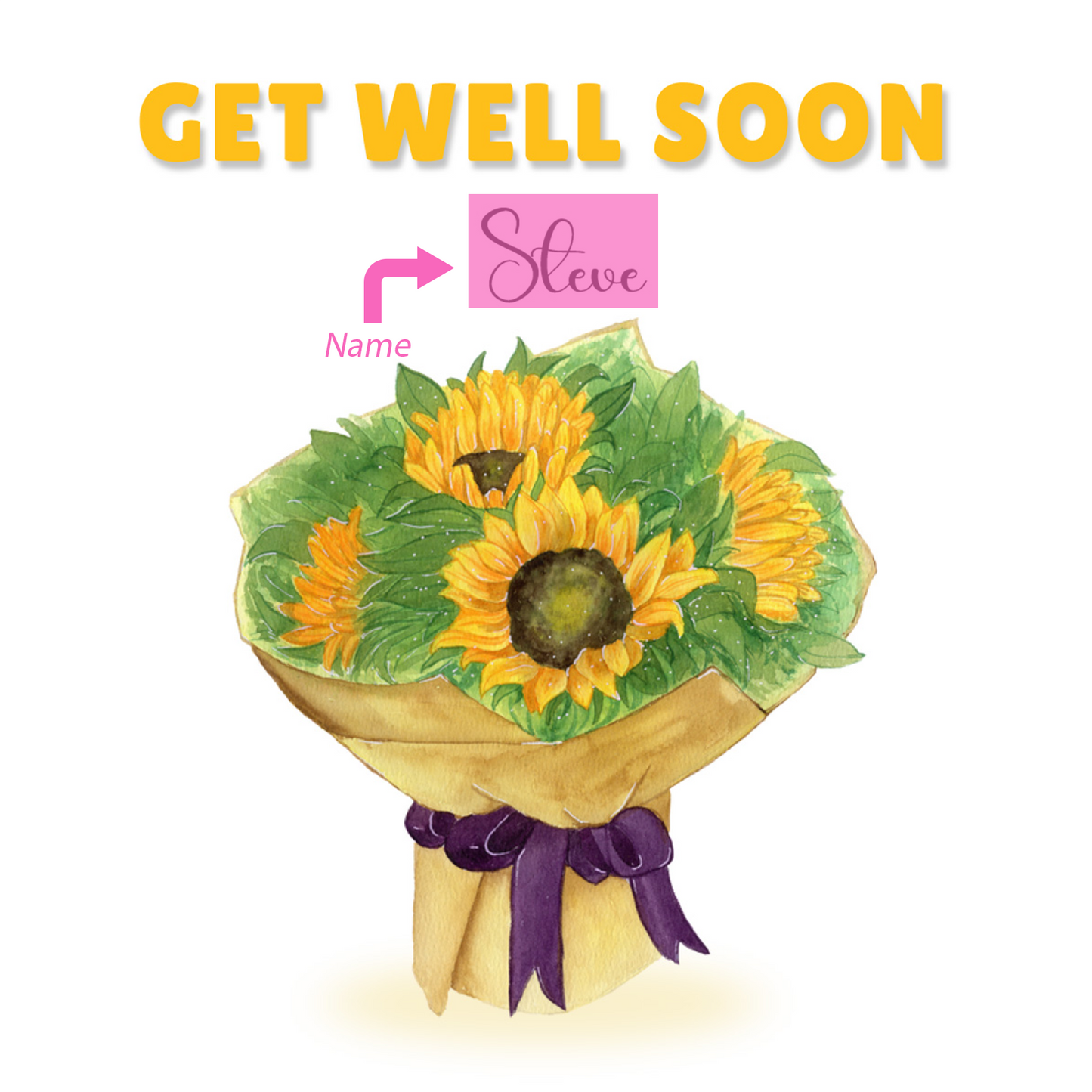 Sunflowers Bouquet -Personalised Get Well Soon Folded Card, Thinking of You Card, Sympathy, Sorry for your Loss Folded Card