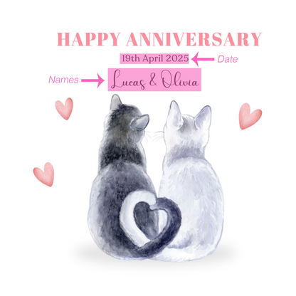 Personalized Wedding Anniversary Card – Cute Cat Couple Design with Customised Names and Date– for Couples, Husband, Wife, Loved Ones, Relationship, Engagement, 1st Date – Pink Envelope Included