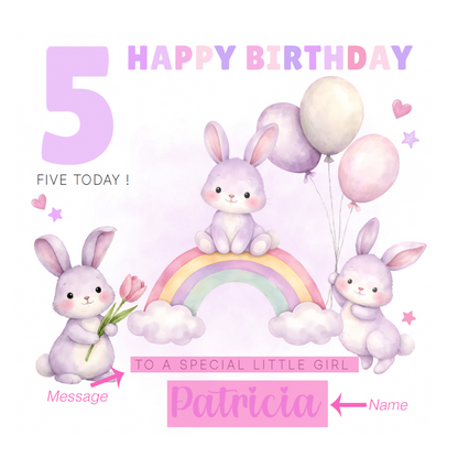 Personalised Bunny 5 Years Old 5th Birthday Card for Girls – Purple Rabbit Design with Custom Name & Message - Age 5 Girl, Kids,Children, Daughter, Granddaughter, Niece - Purple Envelope Includeder Niece - Pink Envelope Included