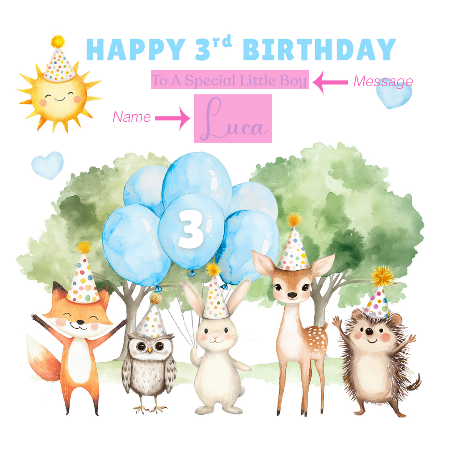 Personalised 3 Years Old 3rd Birthday Card for Toddler Boy – Woodland Animal Design with Custom Name & Message - Age 3 Year Old Birthday Card for Son, Grandson Nephew with Blue Envelope
