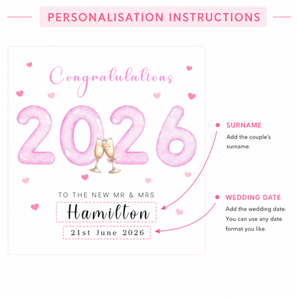 Personalised 2026 Wedding Card - Custom Couple's Surname & Wedding Date – Pink 2026 with Champagne Toast Design - Wedding Congratulations Card for Newlywed couples, Him or Her - Pink Envelope Included
