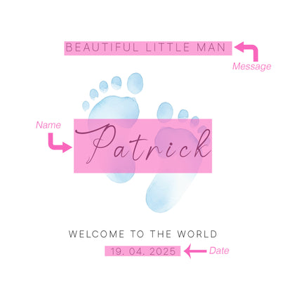 Personalised New Baby Card for Baby Boy, Welcome To The World Newborn, Baby Shower Card for Son, Grandson, Nephew, Little One, Baby Feet Design with Customised Name, Date and Message – Blue Envelope Included