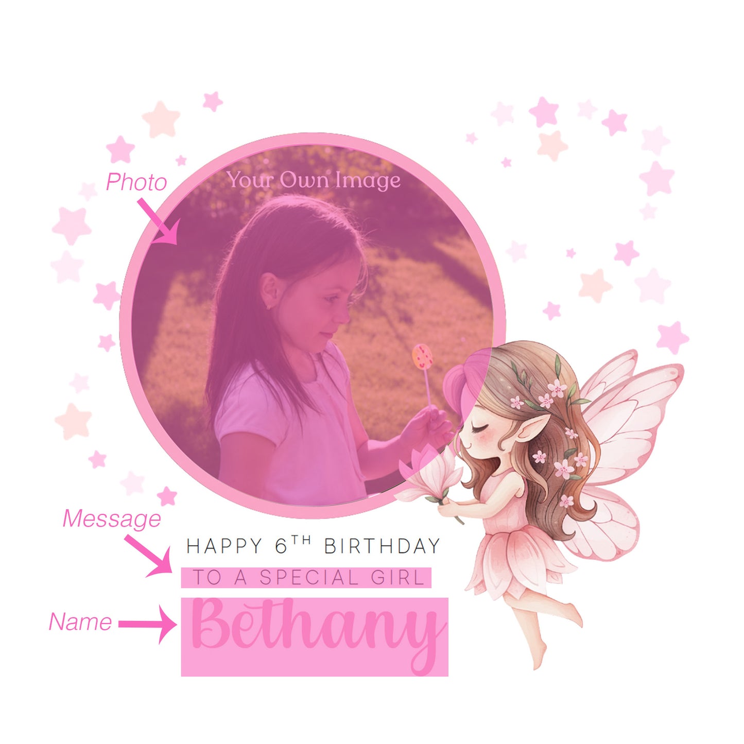 Personalised Photo 6 Years Old 6th Birthday Card for Girls – Fairy Design with Custom Name & Message - Age 6 Birthday Card for Kids Daughter Granddaughter Niece - Pink Envelope Included