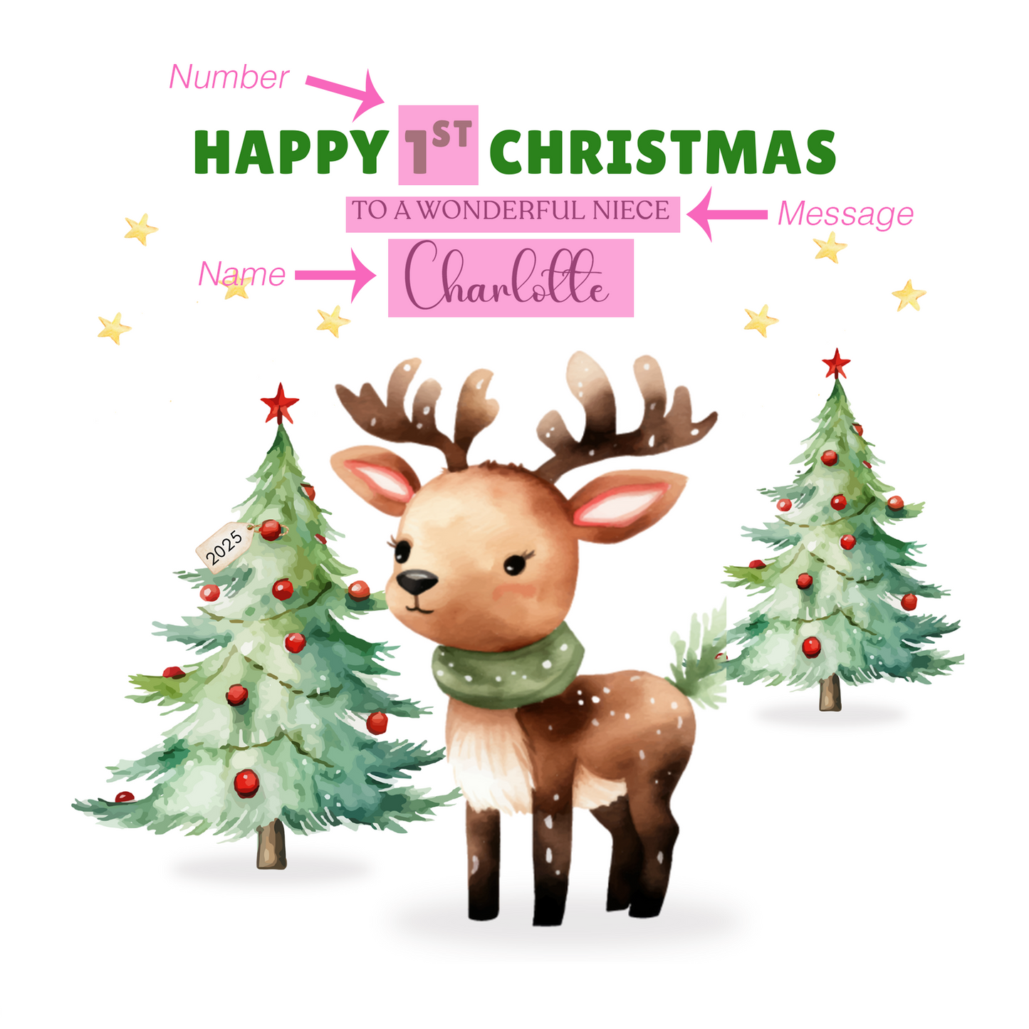 Personalised 1st Christmas Card for Baby Girl – Cute Reindeer Design with Custom Age, Name & Message – 1st, 2nd, 3rd, 4th, 5th, 6th Xmas Card for Daughter, Granddaughter, Niece