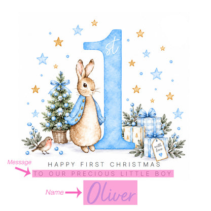 Personalised Christmas Card for Baby Boys – Cute Blue Rabbit and Number 1
