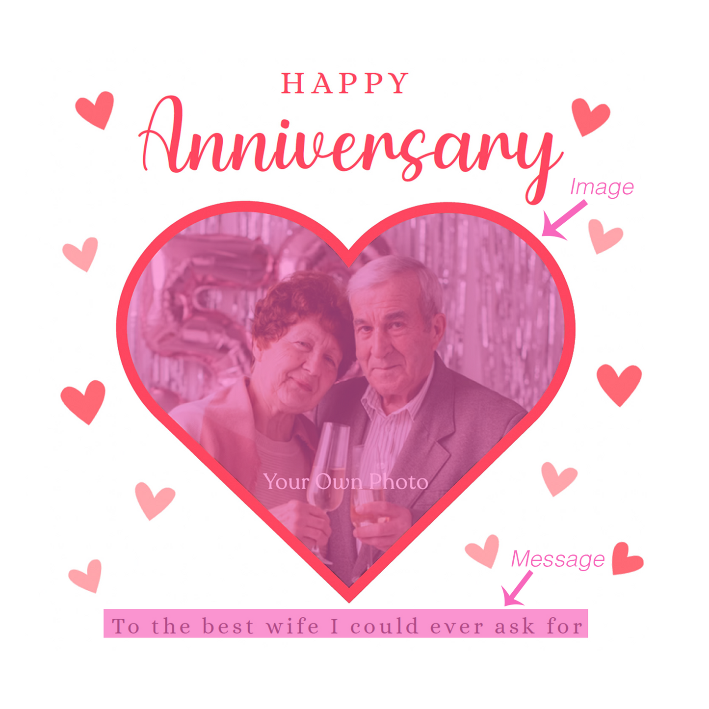 Personalised Photo Anniversary Card - Heart-shaped Photo Frame Design - Custom Message & Photo for Wedding, Dating, Relationship Milestone, Wife, Husband, Partner, Couple - Red Envelope Included