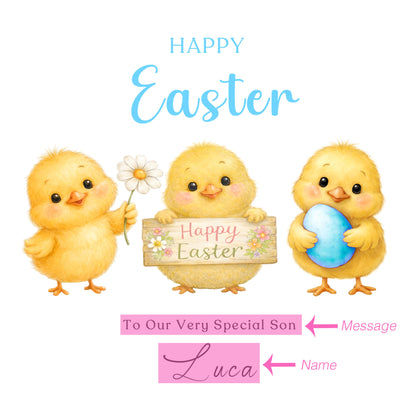 Personalised Happy Easter Card for Boys with Custom Name and Message - Cute Baby Chick Design for Son, Grandson, Nephew, Kids, Boy, Baby boy, Little One – Blue Envelope Included