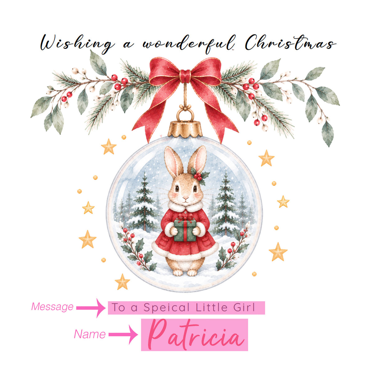 Personalised Christmas card for Girls – Red Bunny in a Christmas Bauble