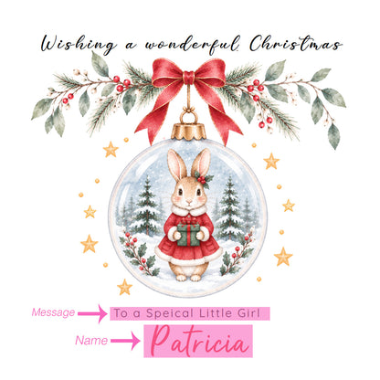 Personalised Christmas card for Girls – Red Bunny in a Christmas Bauble