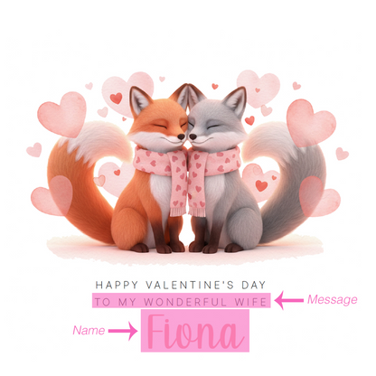 Personalised Happy Valentine’s Day Card with Cute Foxs Design for Loved Ones, Wife, Husband, Boyfriend, Girlfriend, Fiance, Fiancee - Custom Message and Name for Him or Her - Pink Envelope Included