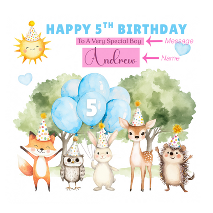 Personalised 5th Birthday Card for Boys – Woodland Animals Design with Custom Name and Message, Age 5 Years Old Birthday Card for Kids, Children, Boy, Son, Grandson, Nephew – Blue Envelope Included
