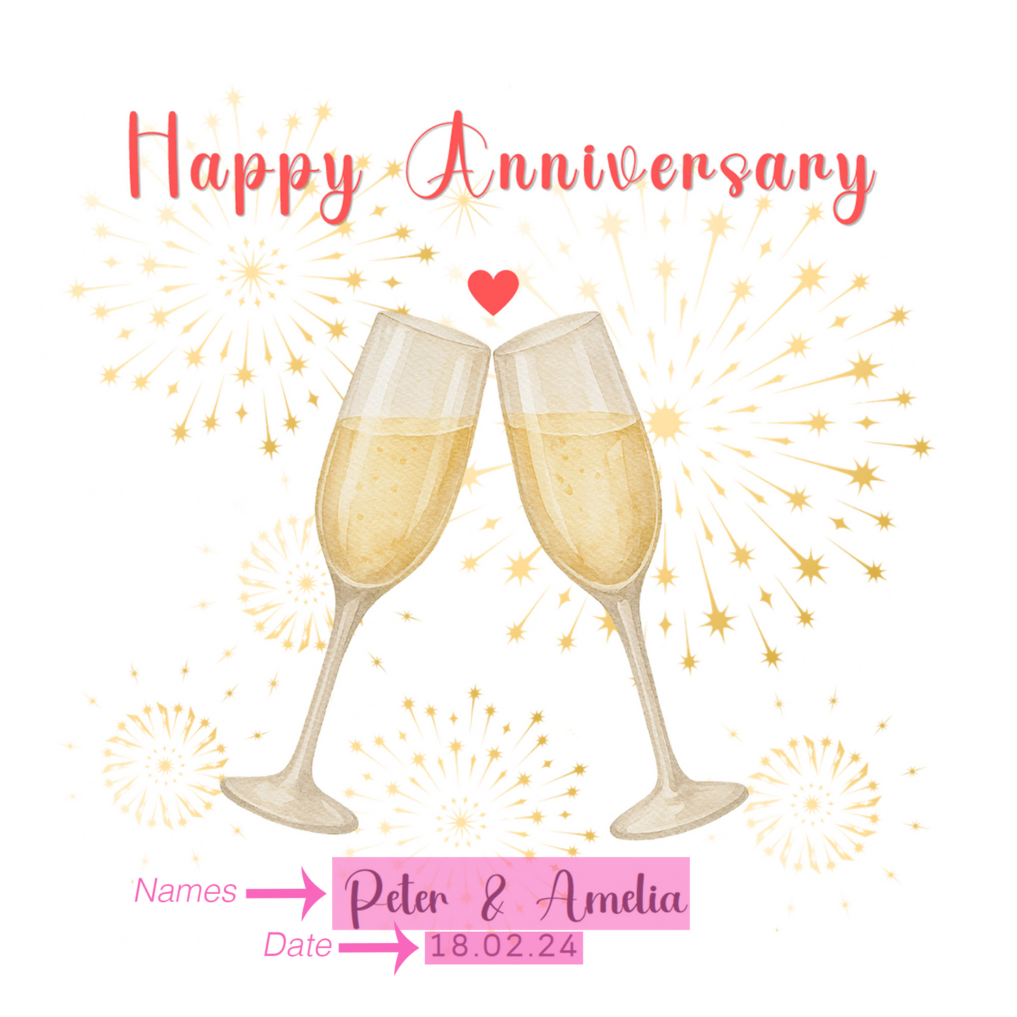 Personalised Anniversary Card - Elegant Champagne Design - Custom Couple's Names and Anniversary Date for Wedding, Relationship, Him, Her, Wife, Husband, Partner, Couple - Kraft Envelope Included