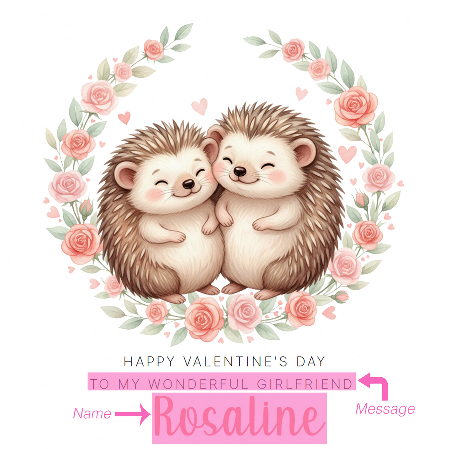 Personalised Happy Valentine’s Day Card with Cute Hedgehog Design for Loved Ones, Wife, Husband, Boyfriend, Girlfriend, Partner etc - Custom Name and Message for Him or Her - Pink Envelope Included