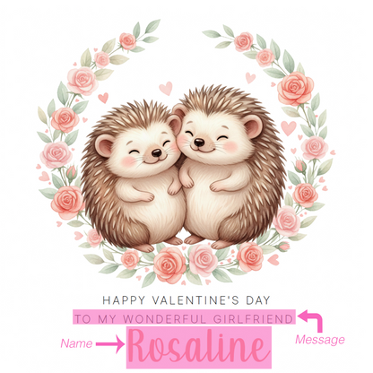 Personalised Happy Valentine’s Day Card with Cute Hedgehog Design for Loved Ones, Wife, Husband, Boyfriend, Girlfriend, Partner etc - Custom Name and Message for Him or Her - Pink Envelope Included