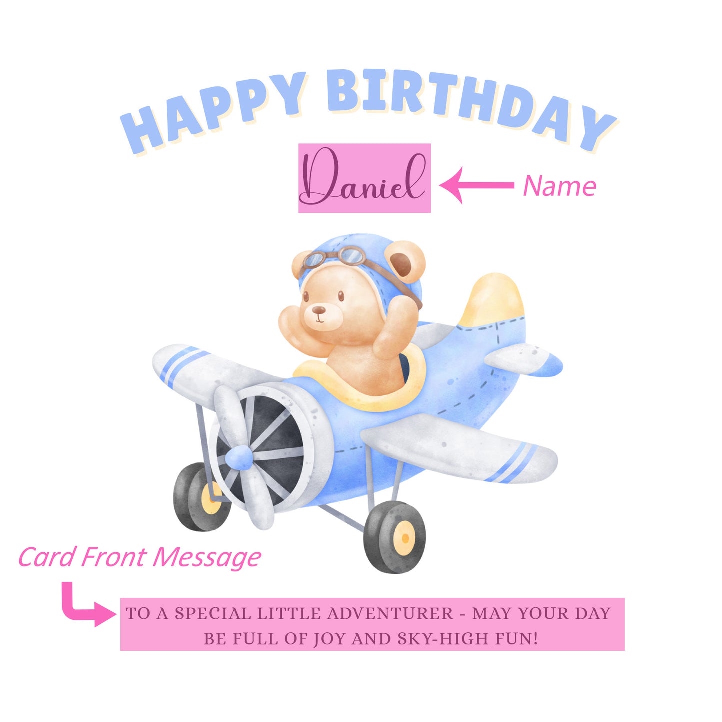 Bear Pilot -Personalised Watercolour Effect Happy Birthday Folded Card for baby Boys, Toddlers, Custom Name & Message Birthday Card, Customisable Birthday Card for Children