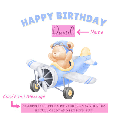 Bear Pilot -Personalised Watercolour Effect Happy Birthday Folded Card for baby Boys, Toddlers, Custom Name & Message Birthday Card, Customisable Birthday Card for Children