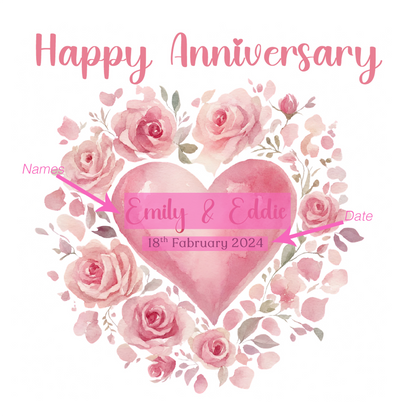 Personalized Anniversary Card – Romantic Floral Heart Design with Customised Names and Date– for Couples, Husband, Wife, Relationship, Engagement, 1st Date – Pink Envelope Included