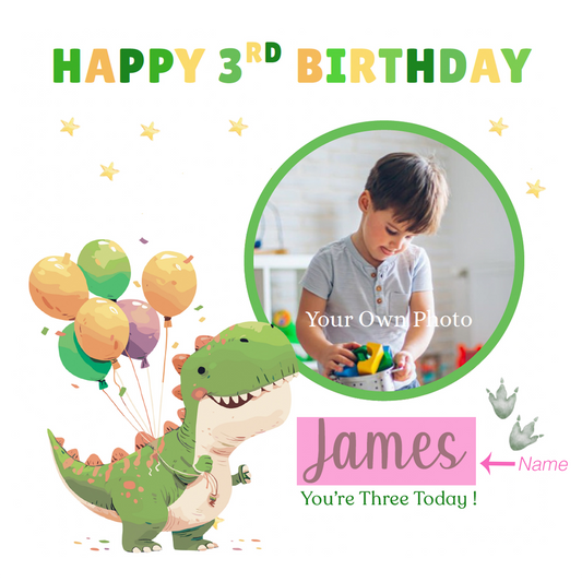 Personalised Photo 3rd Birthday Card for Toddler Boy –  Green T-Rex with Custom Photo and Name, Age 3 Years Old Happy Birthday Card for Son, Grandson, Nephew –  Green Envelope Included