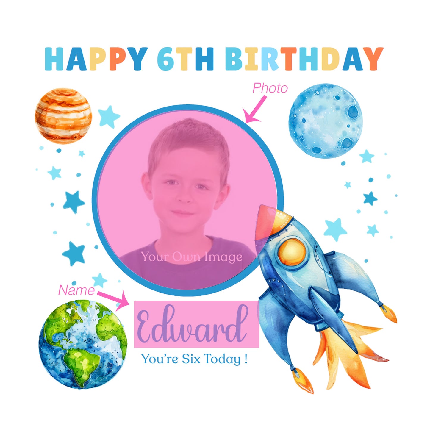 Personalised Photo 6th Birthday Card for Boys – Space-Themed Design with Custom Name and Message, Age 6 Years Old Birthday Card for Kids, Children, Boy, Son, Grandson, Nephew – Blue Envelope Included