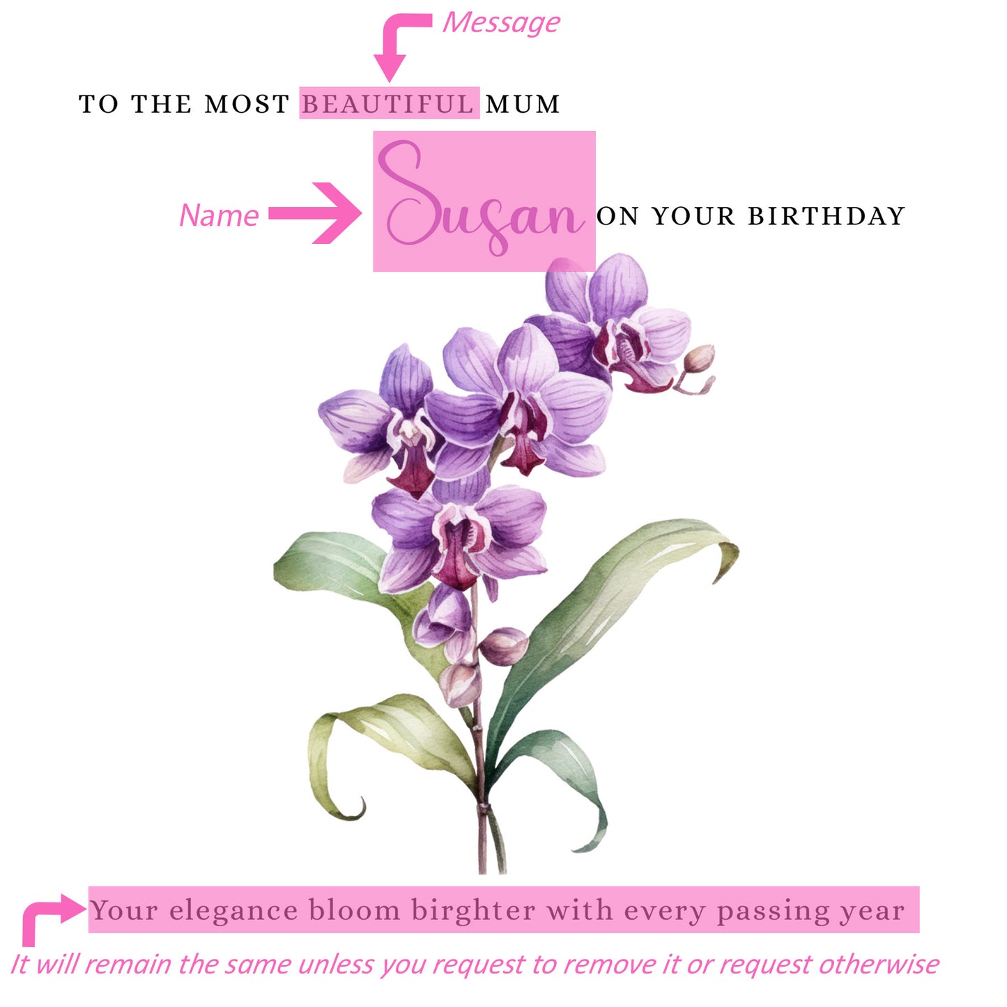 Personalised Mum Birthday Card – Elegant Orchid Flower Design – Custom Name & Message – Handmade Floral Watercolour Card for Mother, Mummy, Mam – Purple Envelope Included