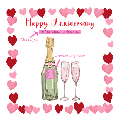 Personalised Anniversary Card - Elegant Prosecco Design - Custom Message and Years of Anniversary  for Wedding, Relationship, Him, Her, Wife, Husband, Partner, Couple - Pink Envelope Included