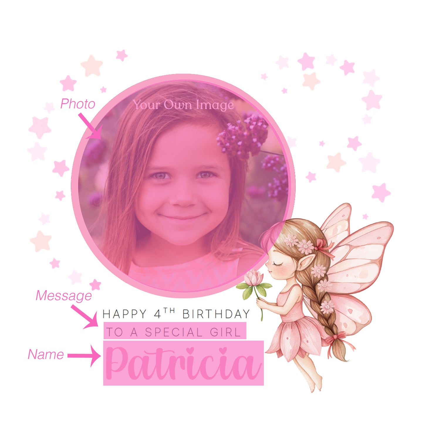 Personalised Photo 4 Years Old 4th Birthday Card for Girls – Fairy Design with Custom Name & Message - Age 4 Magical Birthday Card for Kids Daughter Granddaughter Niece with Pink Envelope