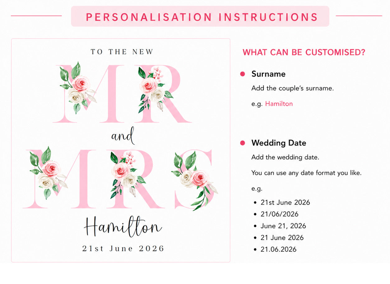 Personalised Mr & Mrs Wedding Card – Custom Surname & Wedding Date – Floral Alphabets/Letters Design - Wedding Congratulations Keepsake Card for Newlywed couples, Him or Her - Pink Envelope Included
