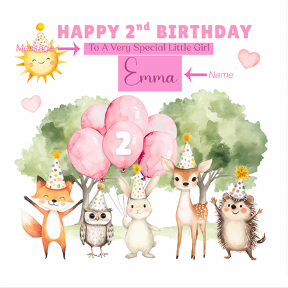 Personalised 2 Years Old 2nd Birthday Card for Toddler Girl – Forest Animal Design with Custom Name & Message - Two years old Birthday Card for Daughter, Granddaughter, Niece with Pink Envelope