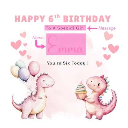 Personalised 6th Birthday Card for Girls – Cute Dinosaurs Design with Custom Name and Message – Age 6 Years Old Birthday Card for Girls, Kids, Daughter, Granddaughter, Niece – Pink Envelope Included