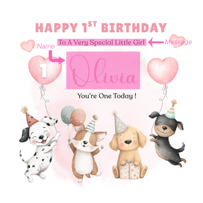 Personalised 1st Birthday Card for Baby Girl – Cute Puppy Dogs Design with Customised Name and Message– One Year Old First Birthday Card for Daughter, Granddaughter, Niece – Pink Envelope Included