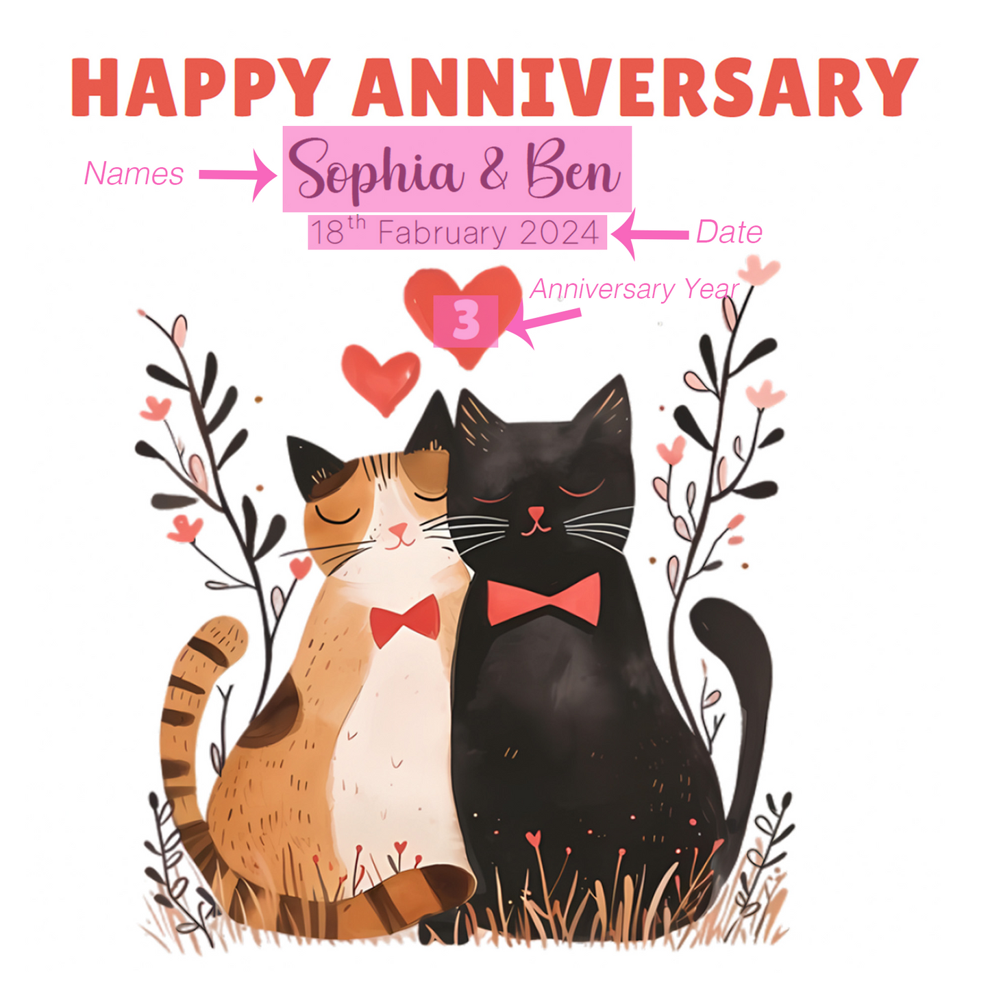 Personalised Cute Cats Anniversary Card - Custom Couple Names, Date and Years of Anniversary for Wedding, Dating, Relationship Milestones –1st, 2nd,10th, 20th - For Cat Lovers, Him, Her, Wife, Husband