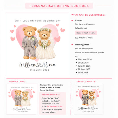 Personalised Wedding Card for Bride & Groom with Custom Names & Date -  Cute Teddy Bear Design Wedding Greeting Keepsake Card for Him or Her - Pink Envelope Included