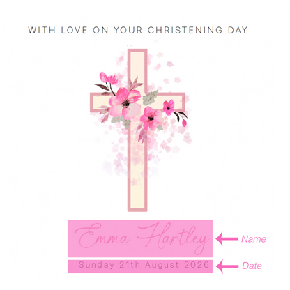 Personalised Christening Card for Girl – Custom Baptism Card with Name & Date - Floral Cross Design – Religious Baptism Card for Girls, Daughter, Granddaughter, Niece - Pink Envelope Included