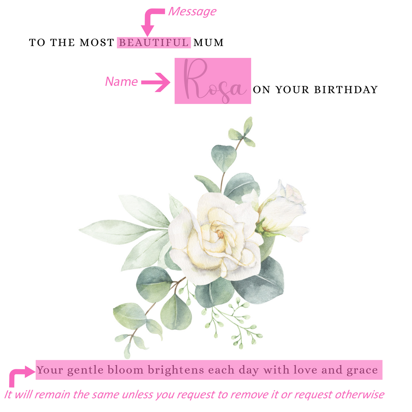 Personalised Mum Birthday Card – Elegant White Rose Flower Design – Custom Name & Message – Handmade Floral Watercolour Card for Mother, Mummy, Mam – Green Envelope Included
