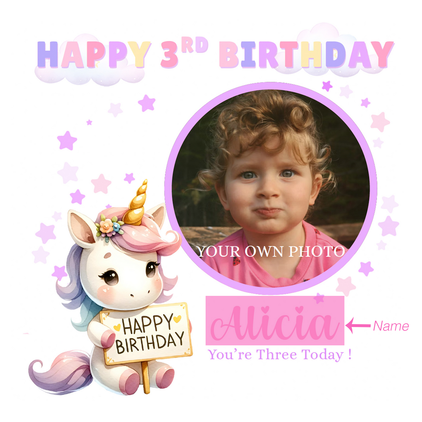 Personalised Photo 3 Years Old 3rd Birthday Card for Toddler Girl – Unicorn Design with Custom Photo & Name - Age 3 Year Old Birthday Card for Daughter, Granddaughter, Niece with Purple Envelope