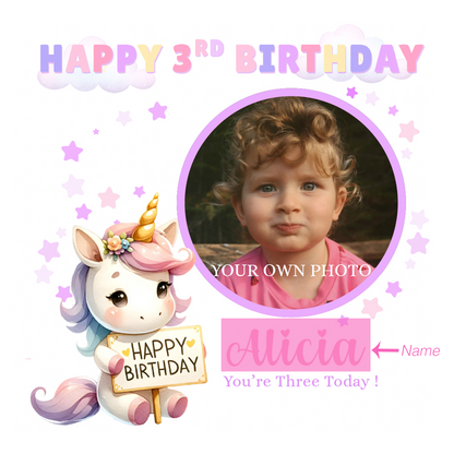 Personalised Photo 3 Years Old 3rd Birthday Card for Toddler Girl – Unicorn Design with Custom Photo & Name - Age 3 Year Old Birthday Card for Daughter, Granddaughter, Niece with Purple Envelope