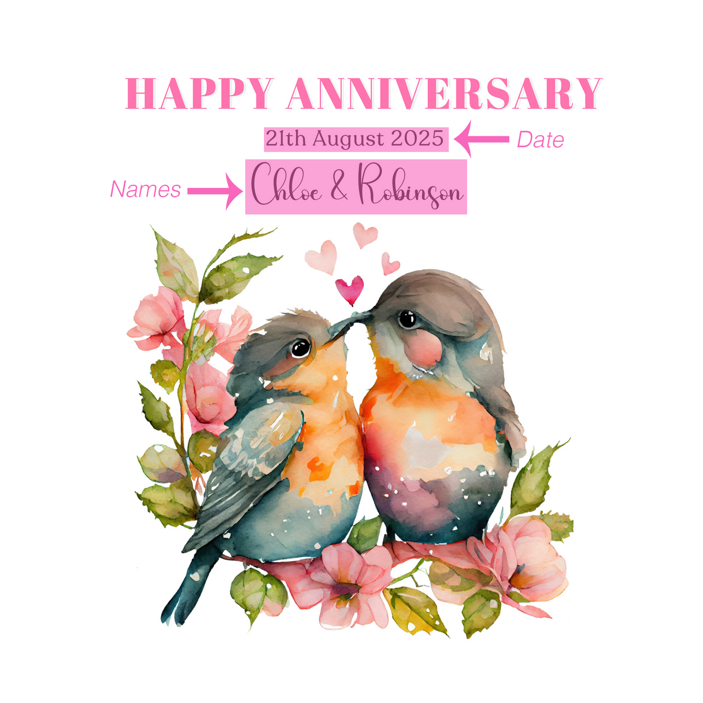 Personalized Wedding Anniversary Card – Cute Robin Couple Design with Customised Names and Date– for Couples, Husband, Wife, Relationship, Engagement, 1st Date – Pink Envelope Included