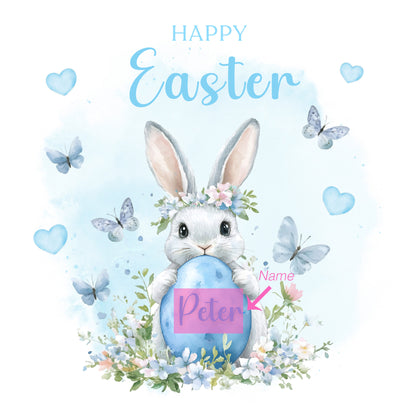 Personalised Happy Easter Bunny Card for Boys with Custom Name - Easter Rabbit and Egg Design for Son, Grandson, Nephew, Kids, Boy, Baby boy, Little One – Blue Envelope Included