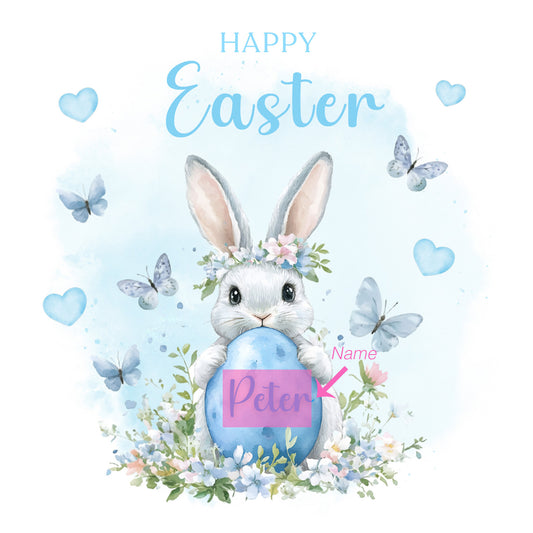 Personalised Happy Easter Bunny Card for Boys with Custom Name - Easter Rabbit and Egg Design for Son, Grandson, Nephew, Kids, Boy, Baby boy, Little One – Blue Envelope Included
