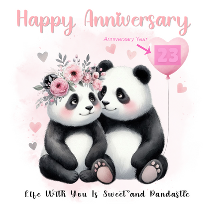 Personalised Panda Couple Anniversary Card - Custom Anniversary Years for Wedding, Dating, Relationship Milestones 1st, 2nd, 20th - For Him, Her, Wife, Husband, Couples - Pink Envelope Included