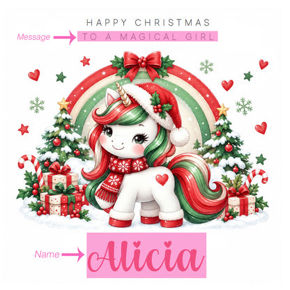 Personalised Christmas Card for Girls – Cute Magical Festive Unicorn