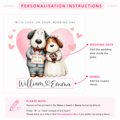 Personalised Wedding Card –with Custom Couple's Names & Wedding Date – Cute Dogs Design - Wedding Congratulations Card for Newlywed couples, Dog Lovers, Him or Her - Pink Envelope Included