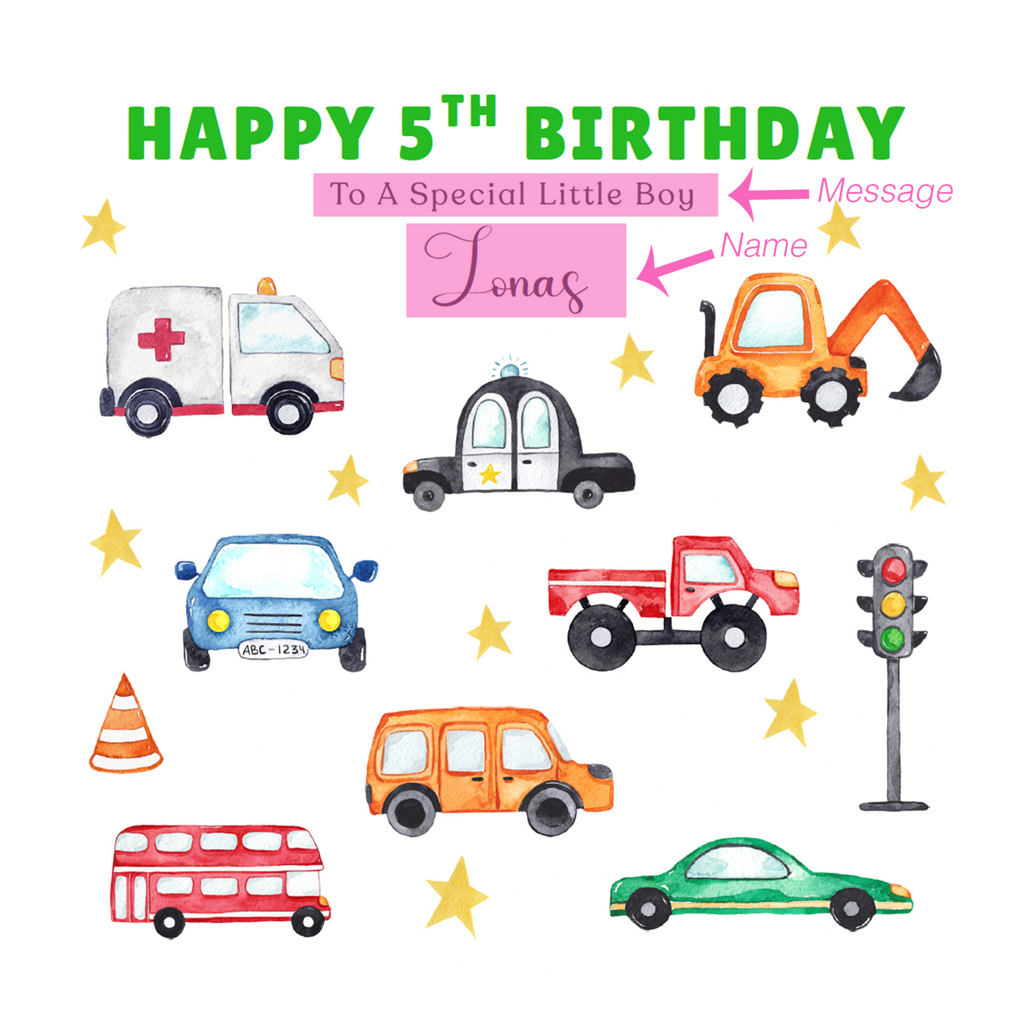 Personalised 5th Birthday Card for Boys - Vehicles and Transport Birthday Card with Custom Name and Message for Age 5 Years Old Kids, Children, Boy, Son, Grandson, Nephew – Green Envelope Included